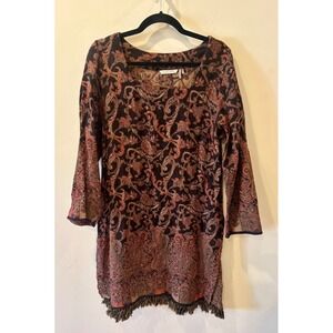 Soft Surroundings Women Tunic Dress Sz M Brown Boho Western Tapestry Wool Fringe